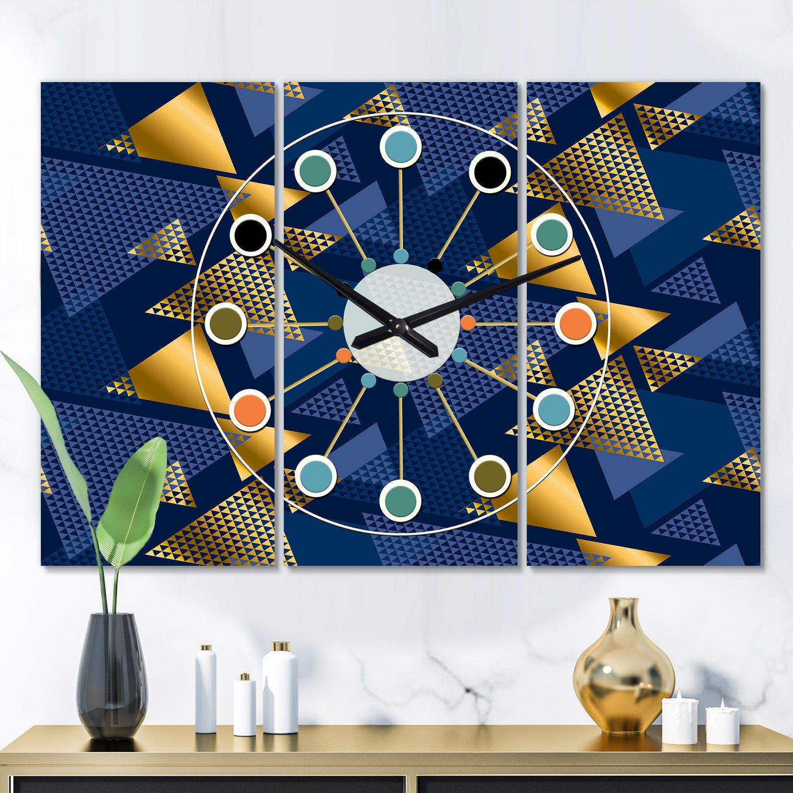 Retro Luxury Waves In Gold and Blue IX - Oversized Mid-Century wall clock - 3 Panels