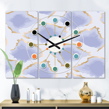 Pastel blue and gold abstract shapes pattern - Oversized Mid-Century wall clock - 3 Panels