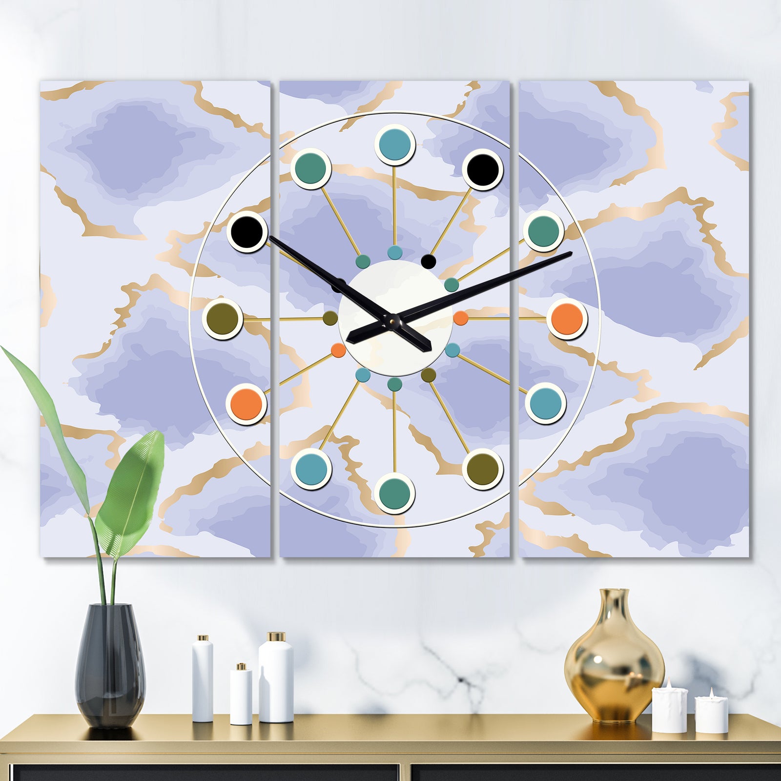 Pastel blue and gold abstract shapes pattern - Oversized Mid-Century wall clock - 3 Panels