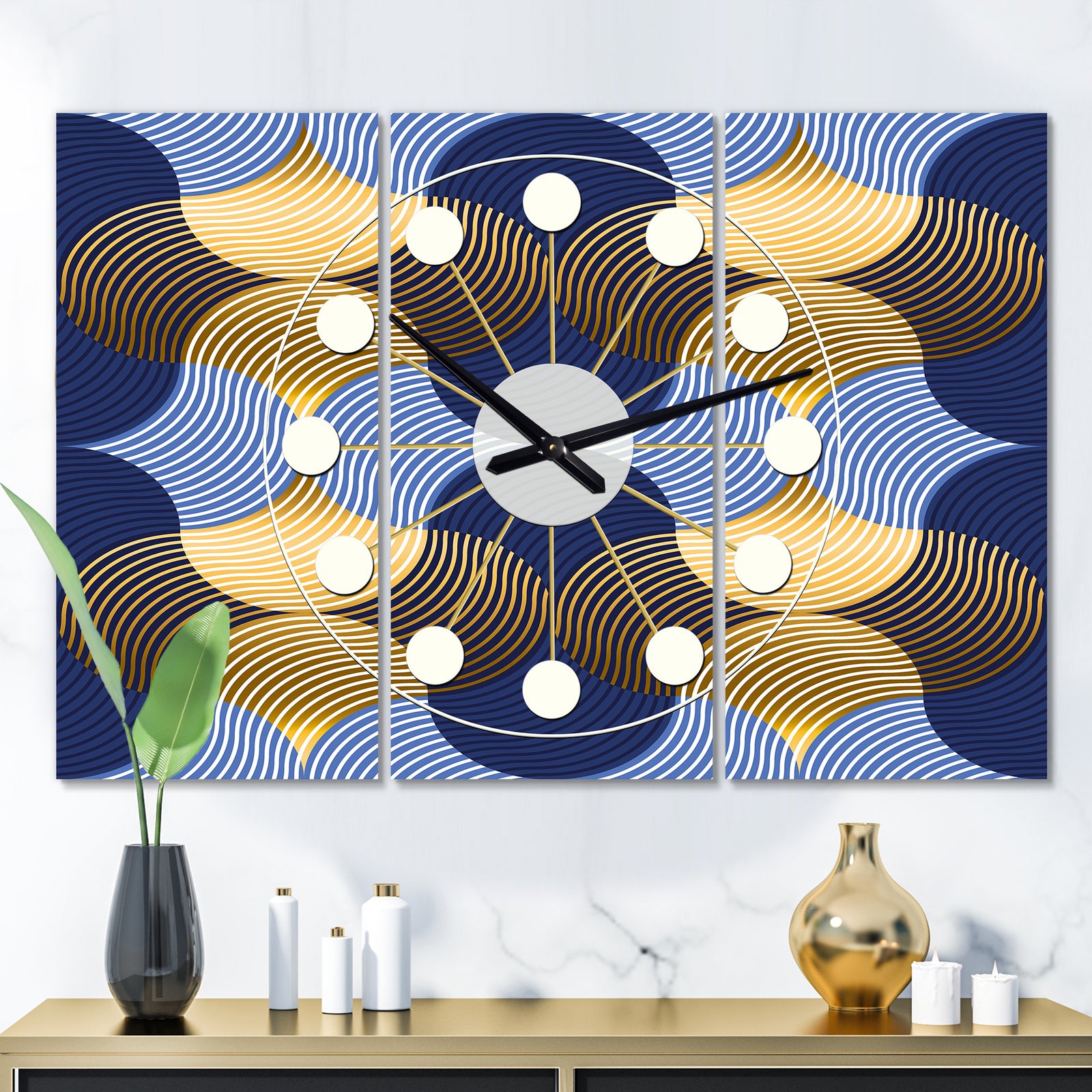 Retro Luxury Waves In Gold and Blue II - Oversized Mid-Century wall clock - 3 Panels