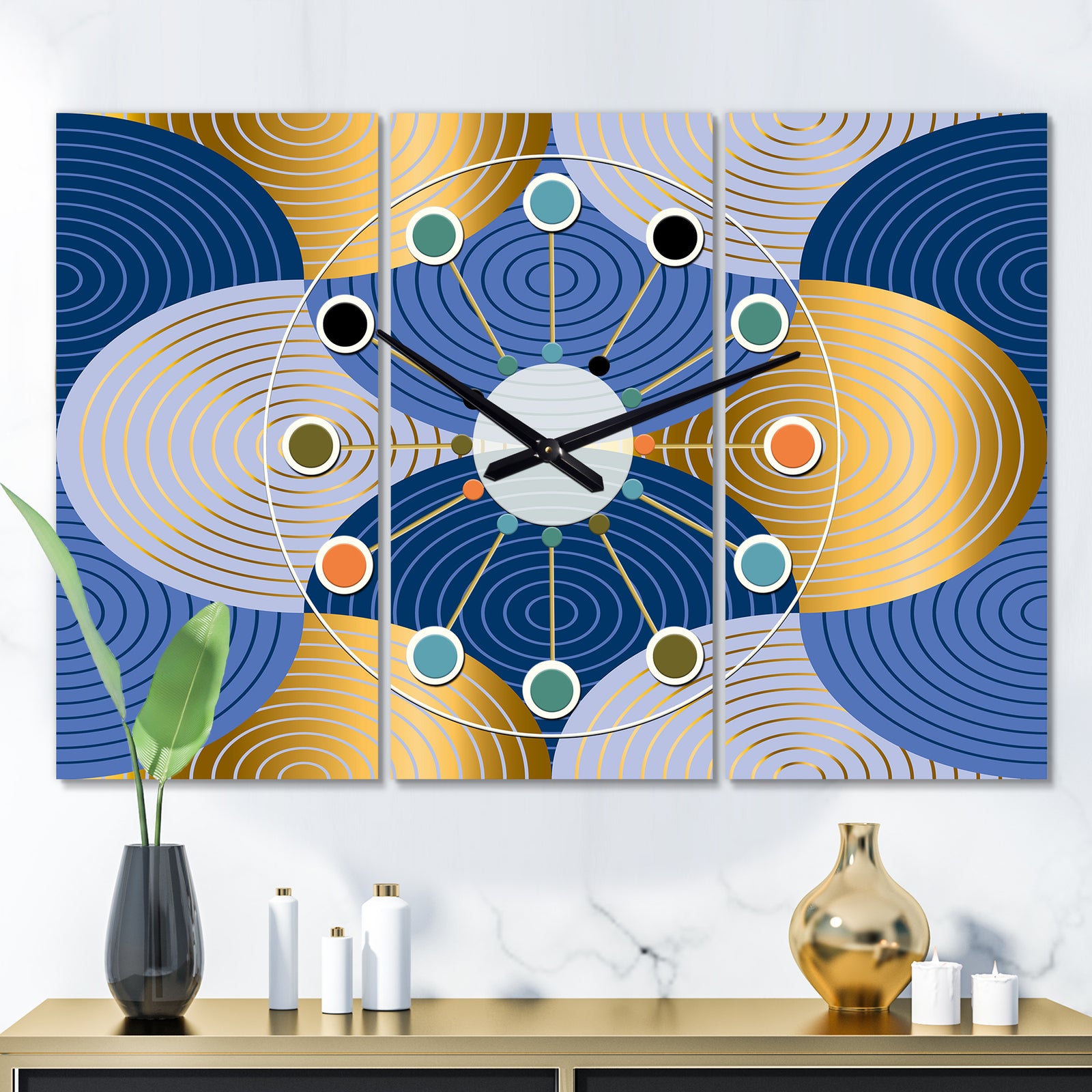 Retro Luxury Waves In Gold and Blue X - Oversized Mid-Century wall clock - 3 Panels