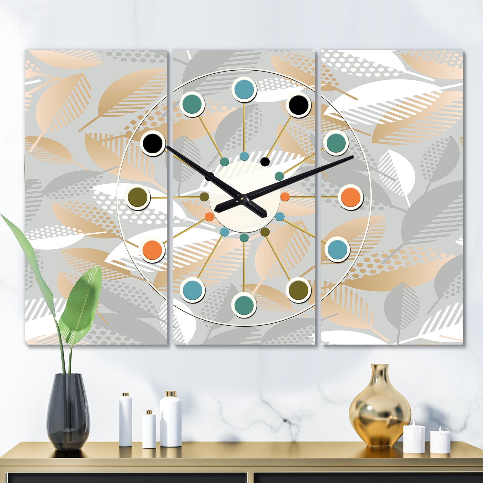 Luxury geometric fall leaves pattern - Oversized Mid-Century wall clock - 3 Panels