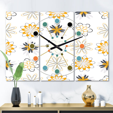 Retro Floral Pattern VIII - Oversized Mid-Century wall clock - 3 Panels