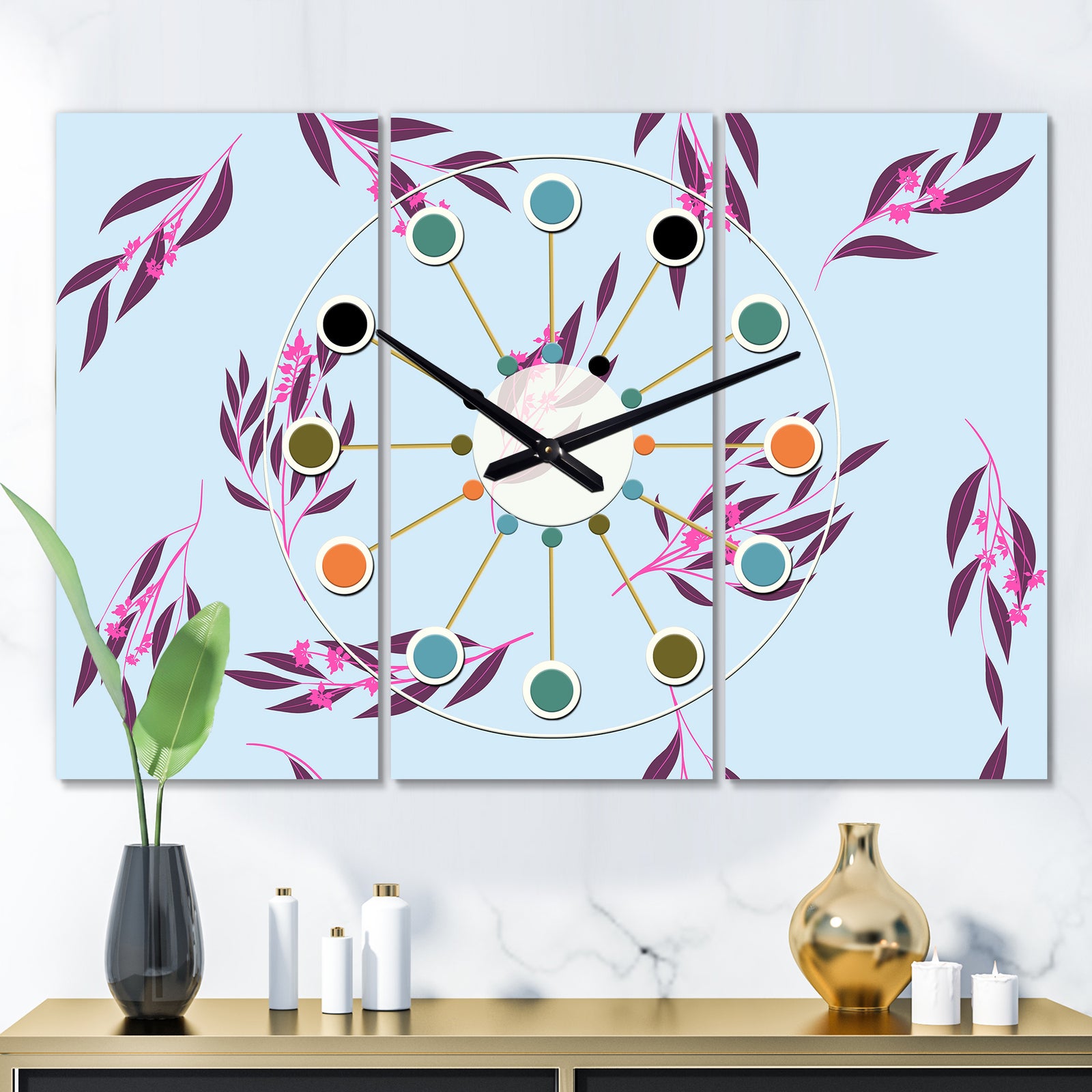 Bright Eucalyptus Floral Pattern I - Oversized Mid-Century wall clock - 3 Panels