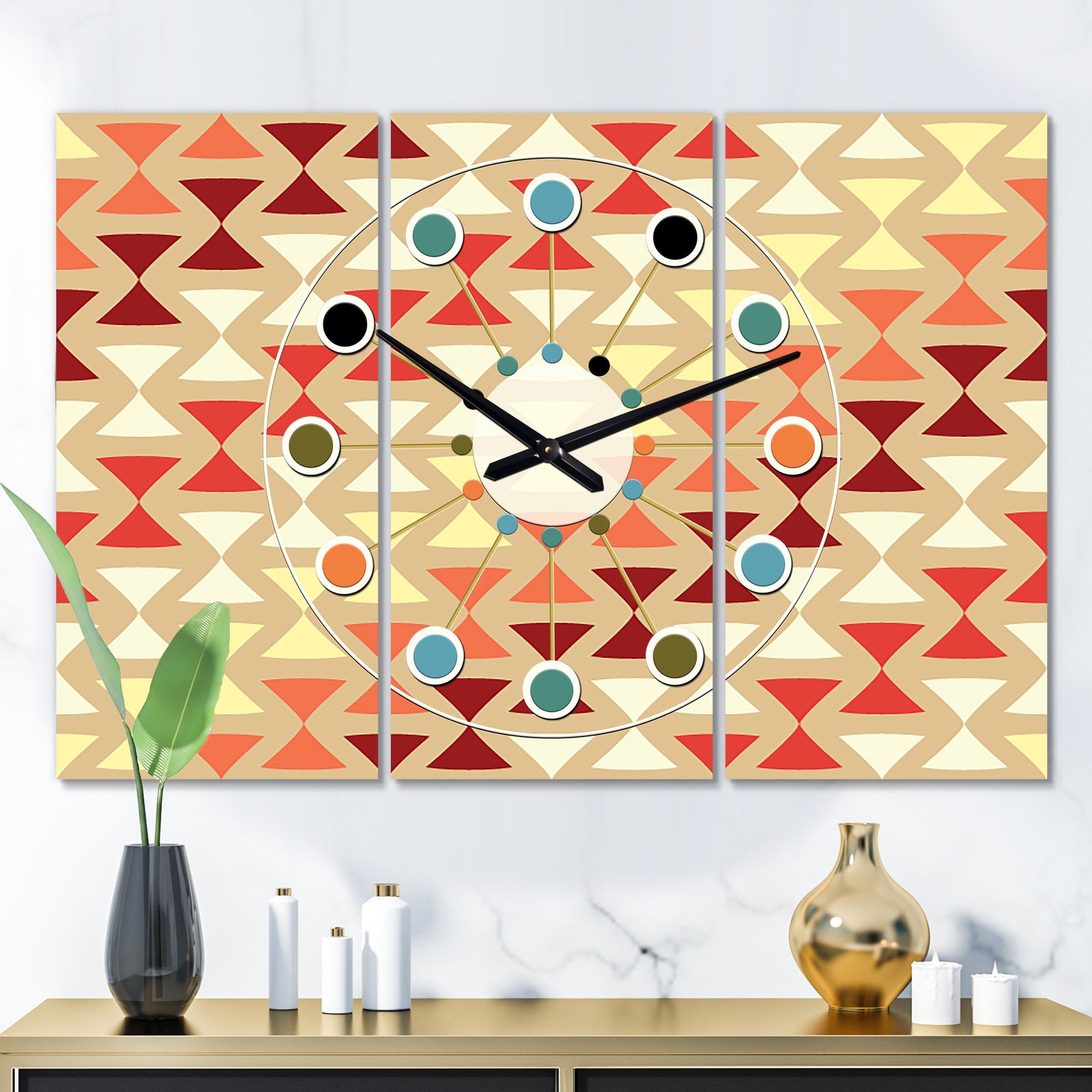 Triangular Retro Design IX - Oversized Mid-Century wall clock - 3 Panels