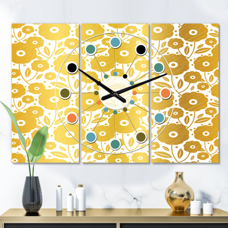 Golden Floral I  - Oversized Mid-Century wall clock - 3 Panels