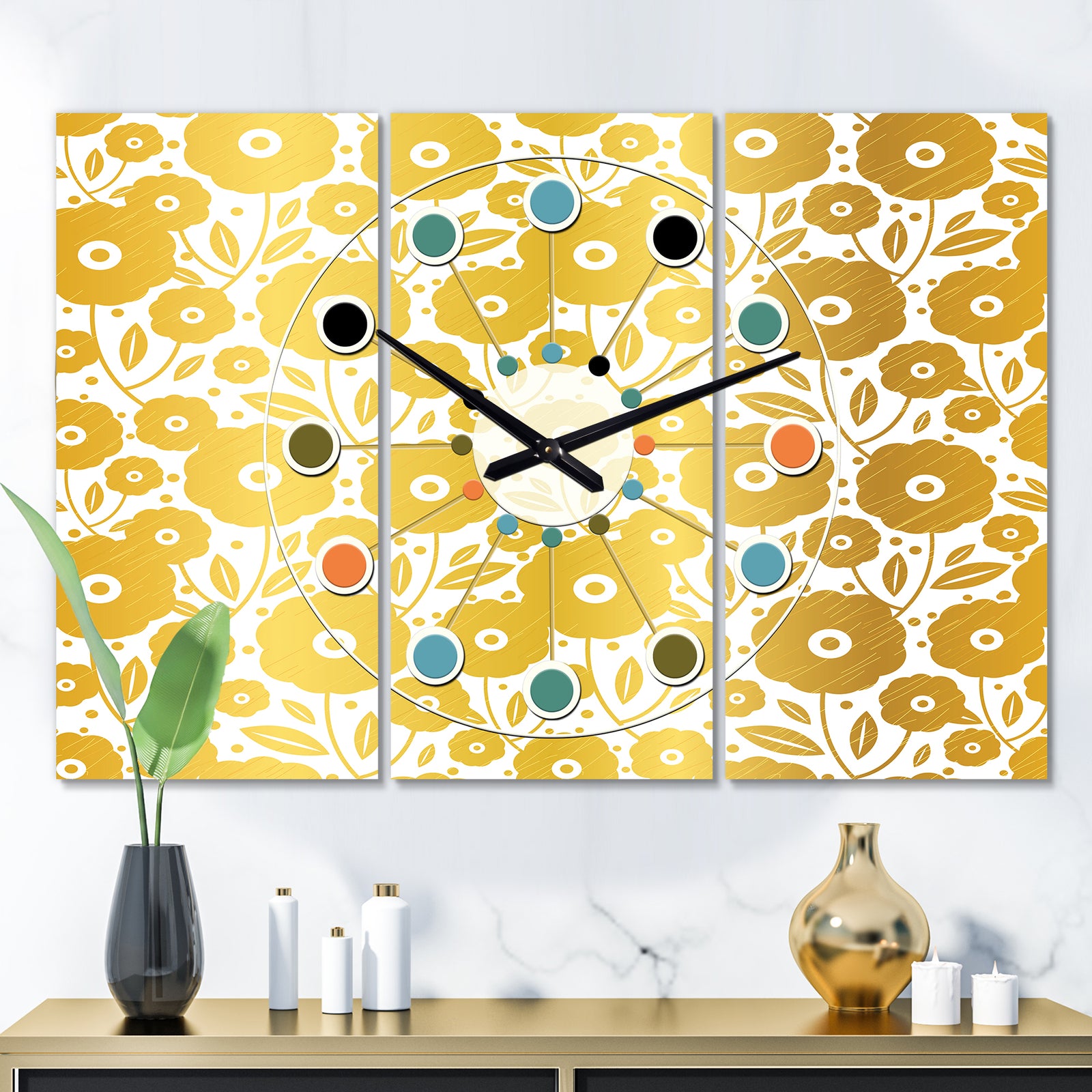Golden Floral I  - Oversized Mid-Century wall clock - 3 Panels