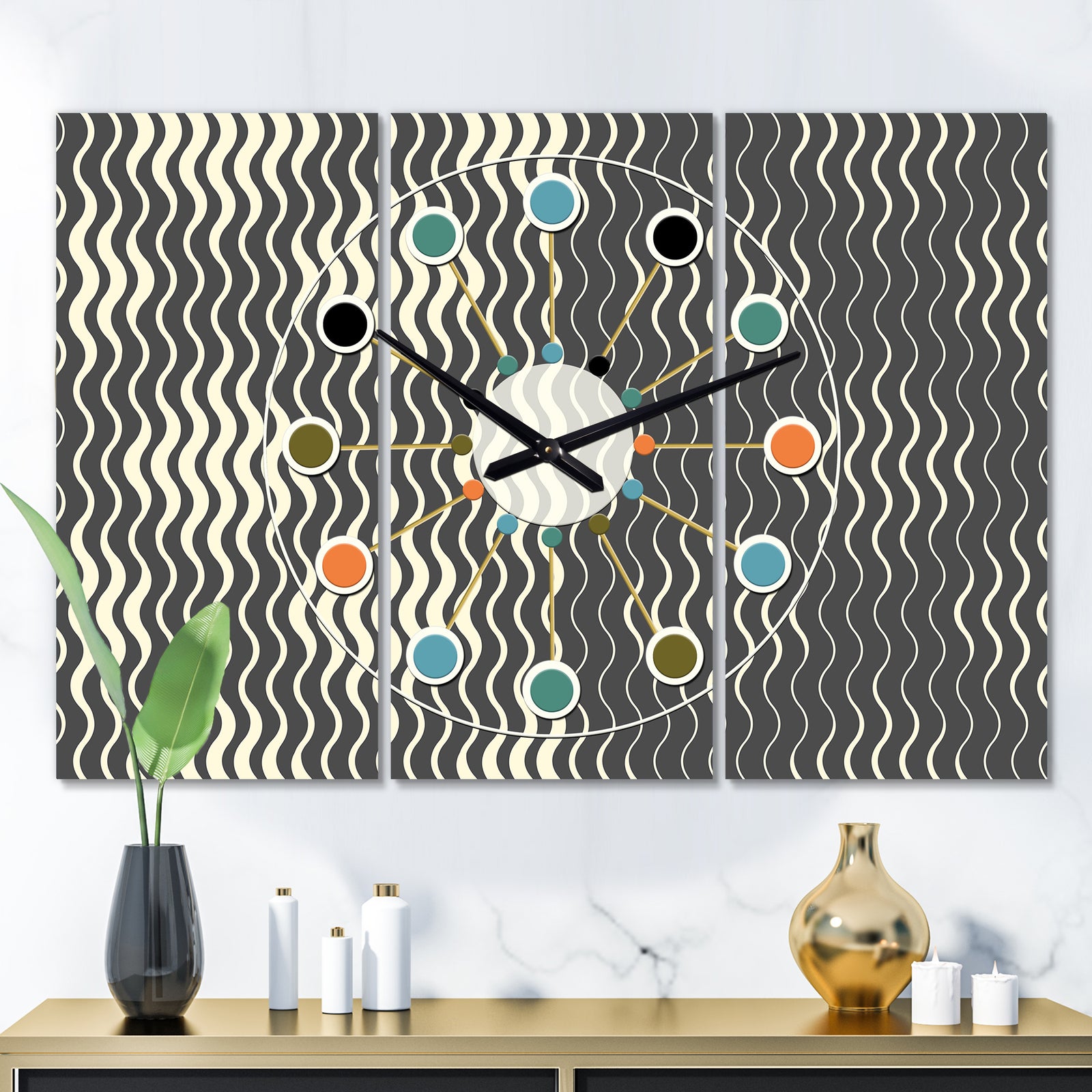 Retro Geometrical Abstract Minimal Pattern V - Oversized Mid-Century wall clock - 3 Panels
