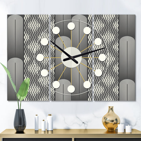 Mimimal Black and White Design II - Oversized Mid-Century wall clock - 3 Panels