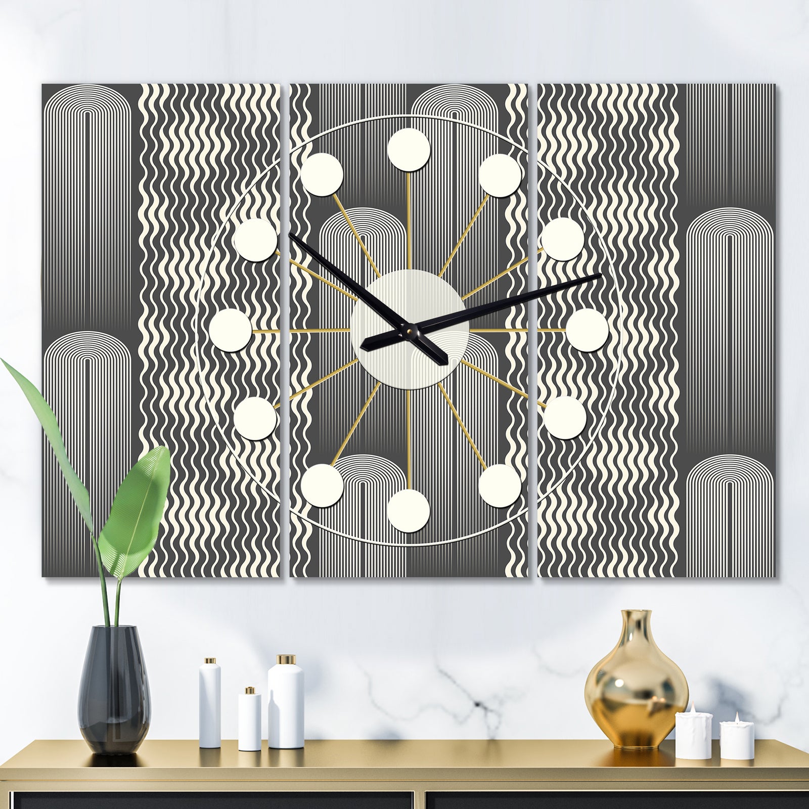 Mimimal Black and White Design II - Oversized Mid-Century wall clock - 3 Panels