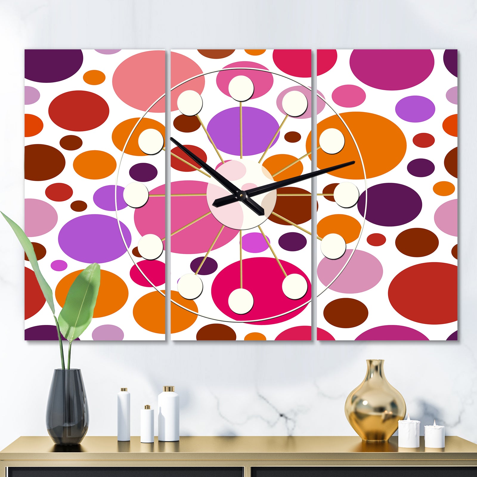 Abstract Geometric Circular Retro II - Oversized Mid-Century wall clock - 3 Panels