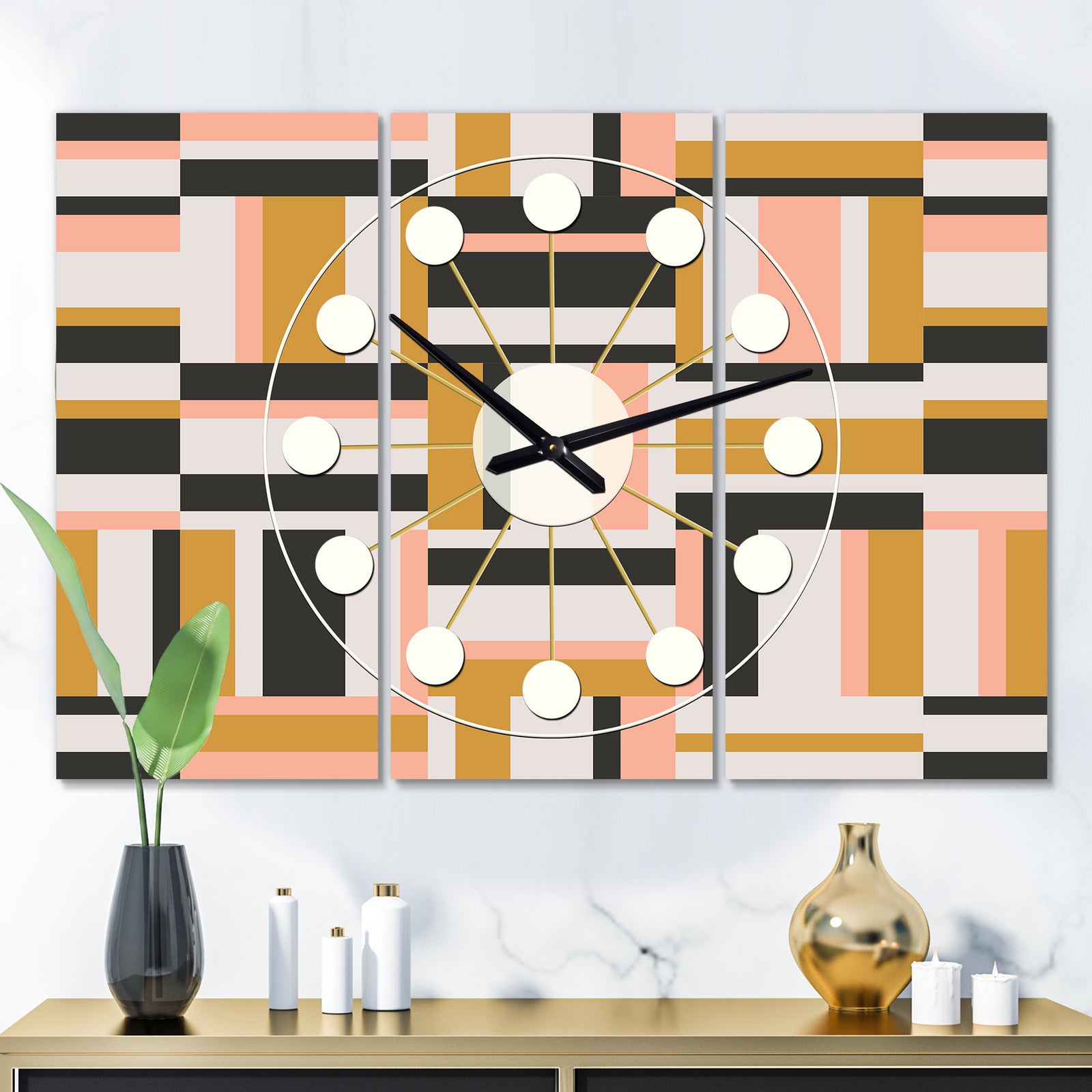 Abstract Retro Geometric IX - Oversized Mid-Century wall clock - 3 Panels