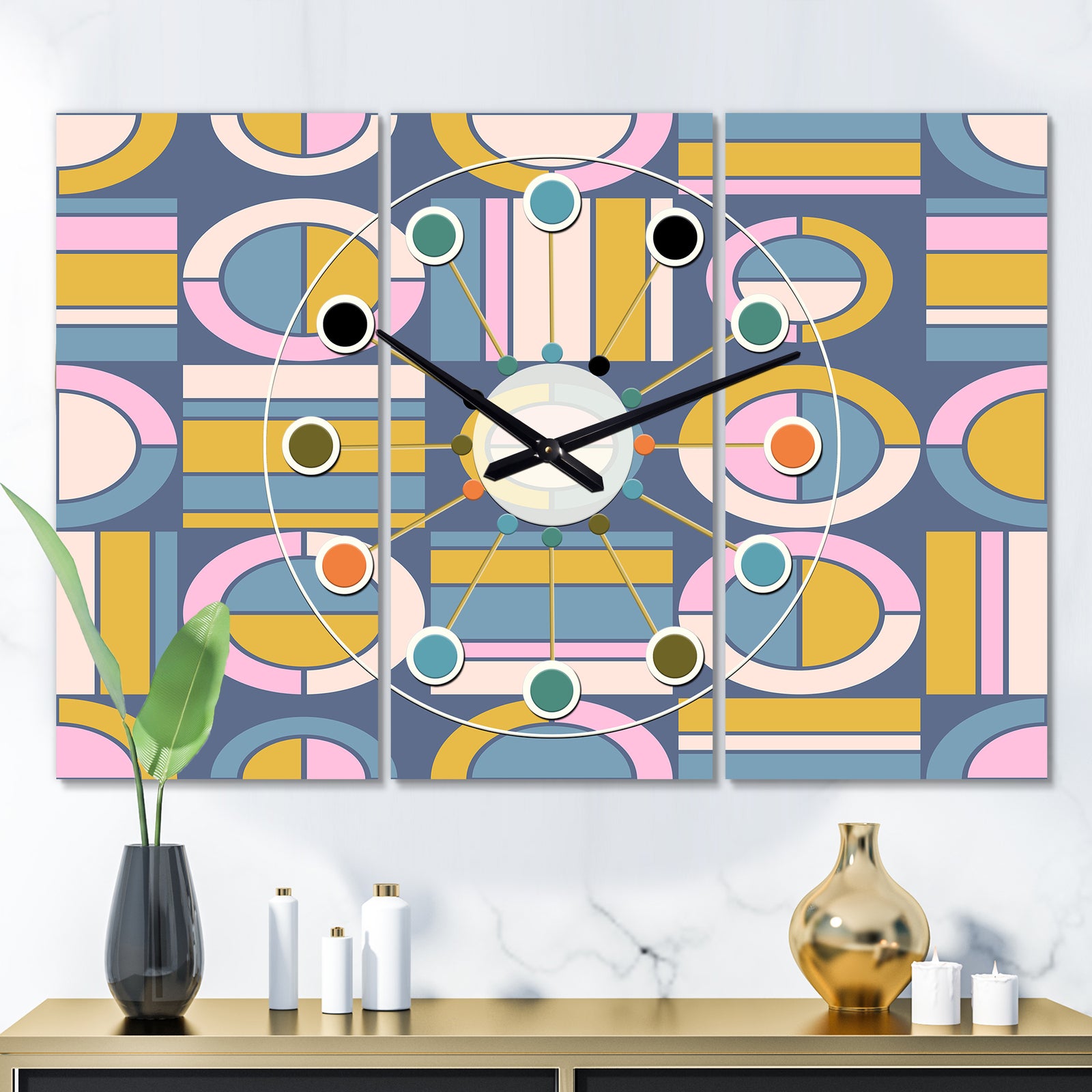 Retro Circular Design I - Oversized Mid-Century wall clock - 3 Panels