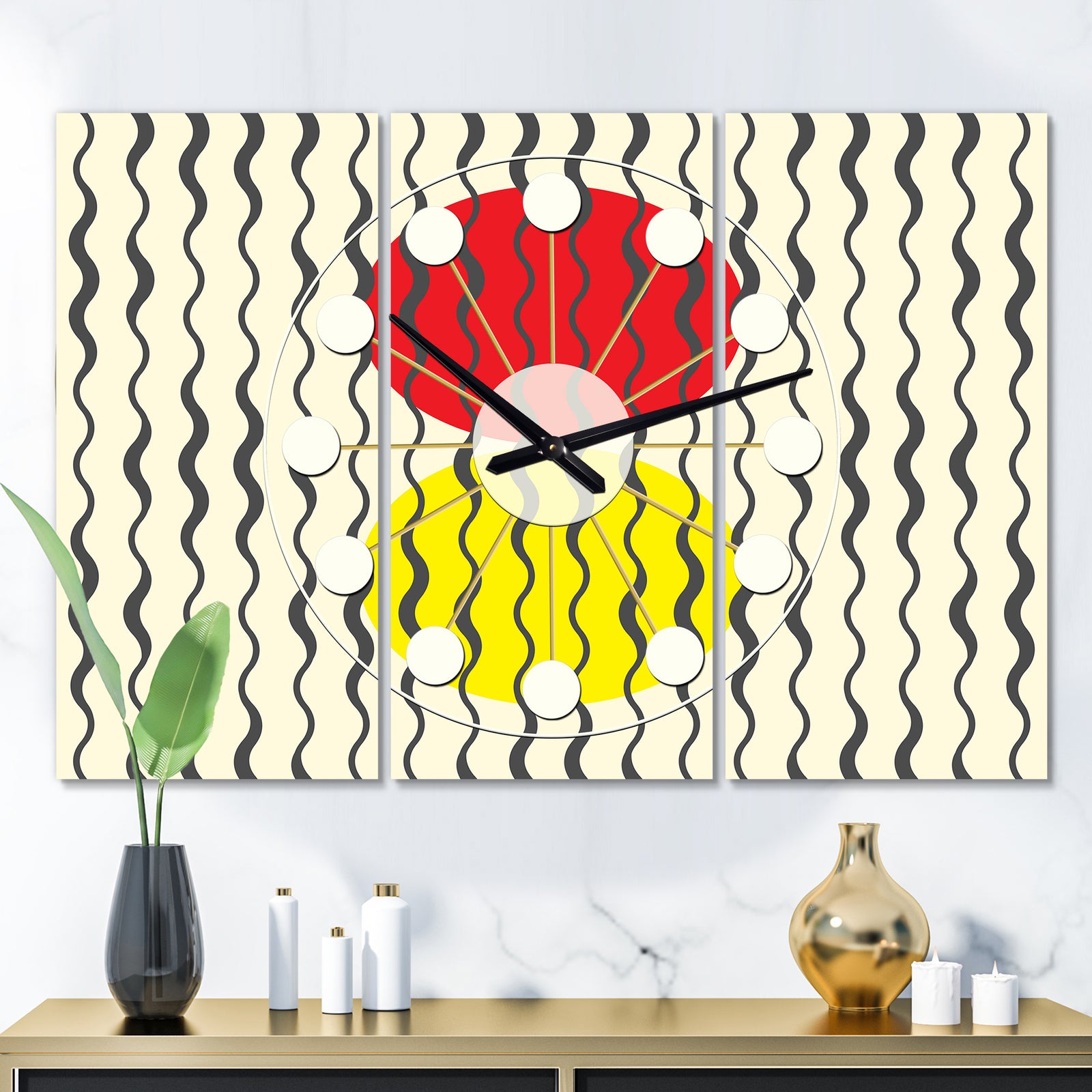 Wave Pattern - Oversized Mid-Century wall clock - 3 Panels