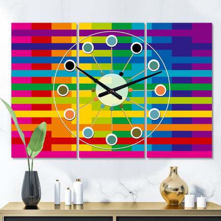 Rainbow colors simple geometric pattern. - Oversized Mid-Century wall clock - 3 Panels