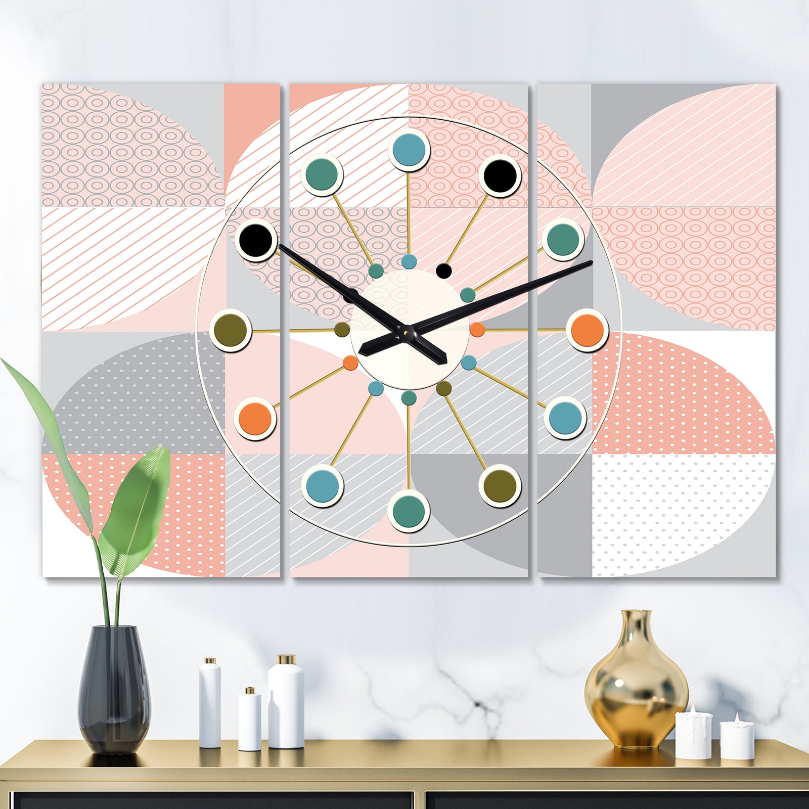 Round geometric textured pattern - Oversized Mid-Century wall clock - 3 Panels