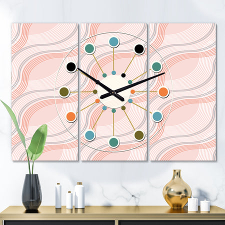 Pink Elegant Pastel Waves - Oversized Mid-Century wall clock - 3 Panels