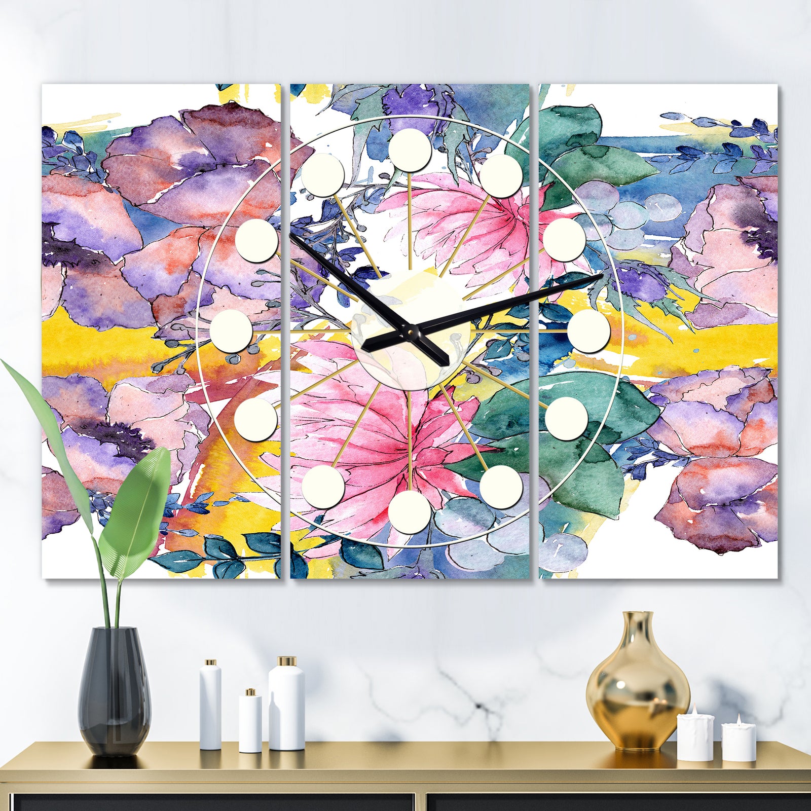 Retro Floral Botanical V - Oversized Mid-Century wall clock - 3 Panels