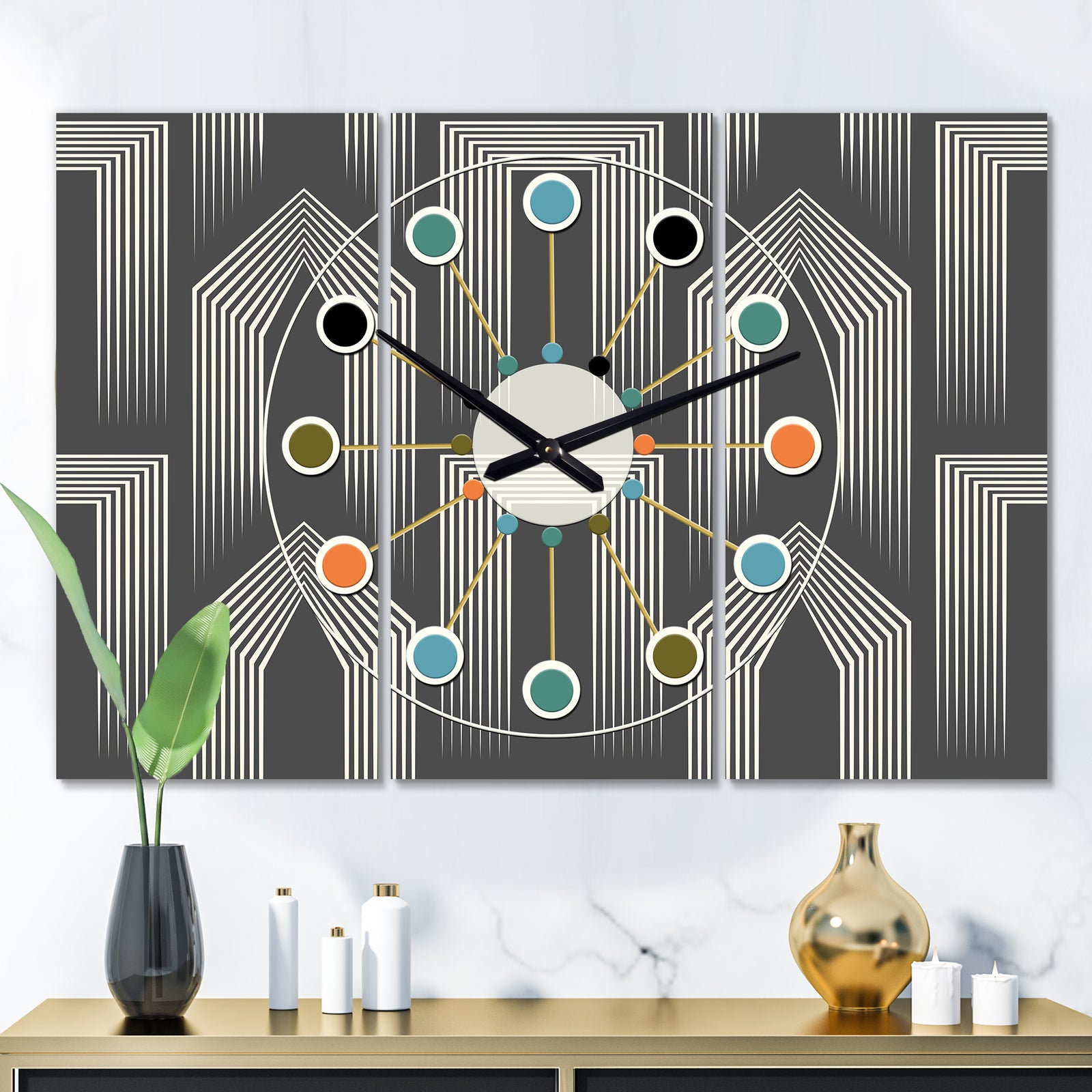 Mimimal Black and White Design III - Oversized Mid-Century wall clock - 3 Panels