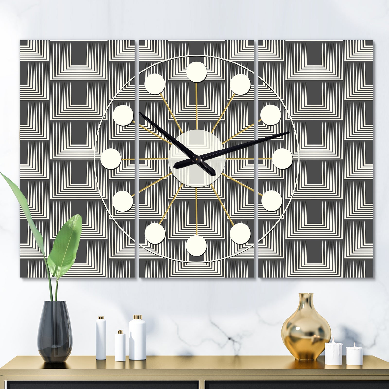 Mimimal Black and White Design I - Oversized Mid-Century wall clock - 3 Panels