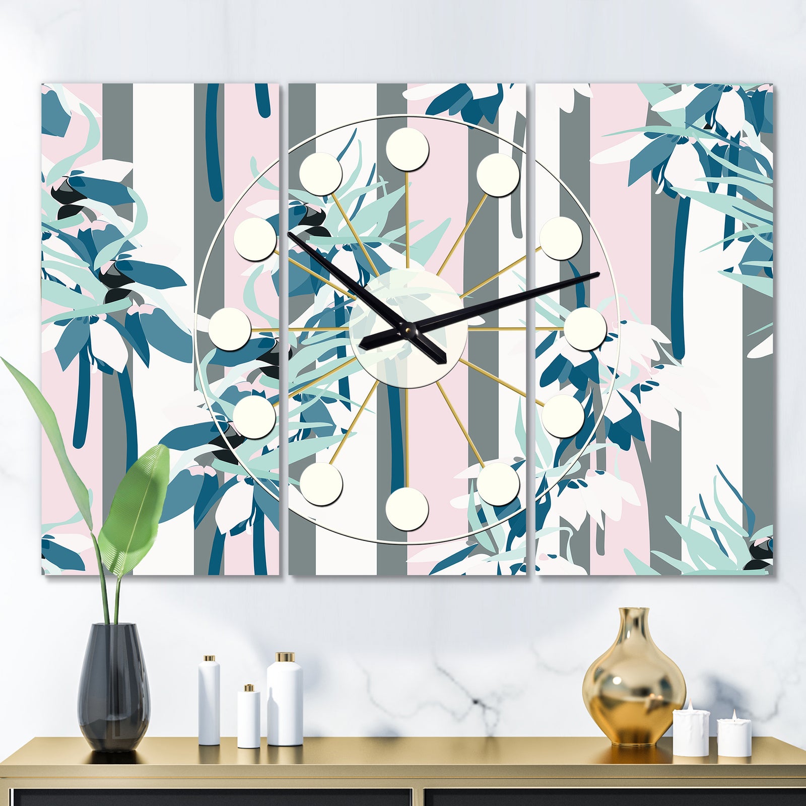 Retro Handdrawn Lilies - Oversized Mid-Century wall clock - 3 Panels