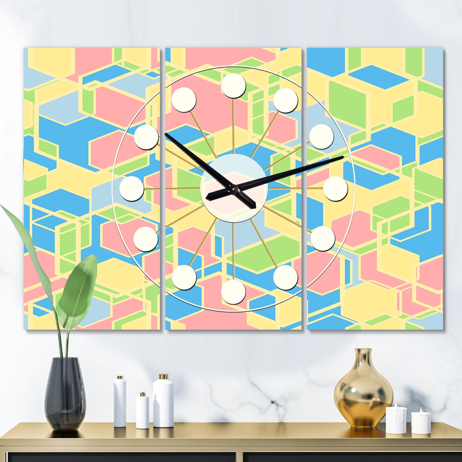 Geometrical Pastel Abstract II - Oversized Mid-Century wall clock - 3 Panels