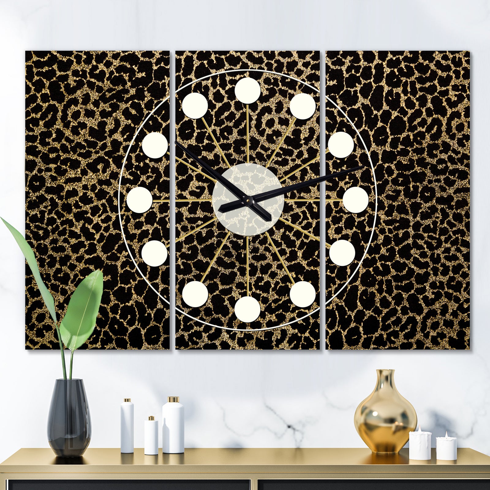Leopard Fur Safari V - Oversized Mid-Century wall clock - 3 Panels
