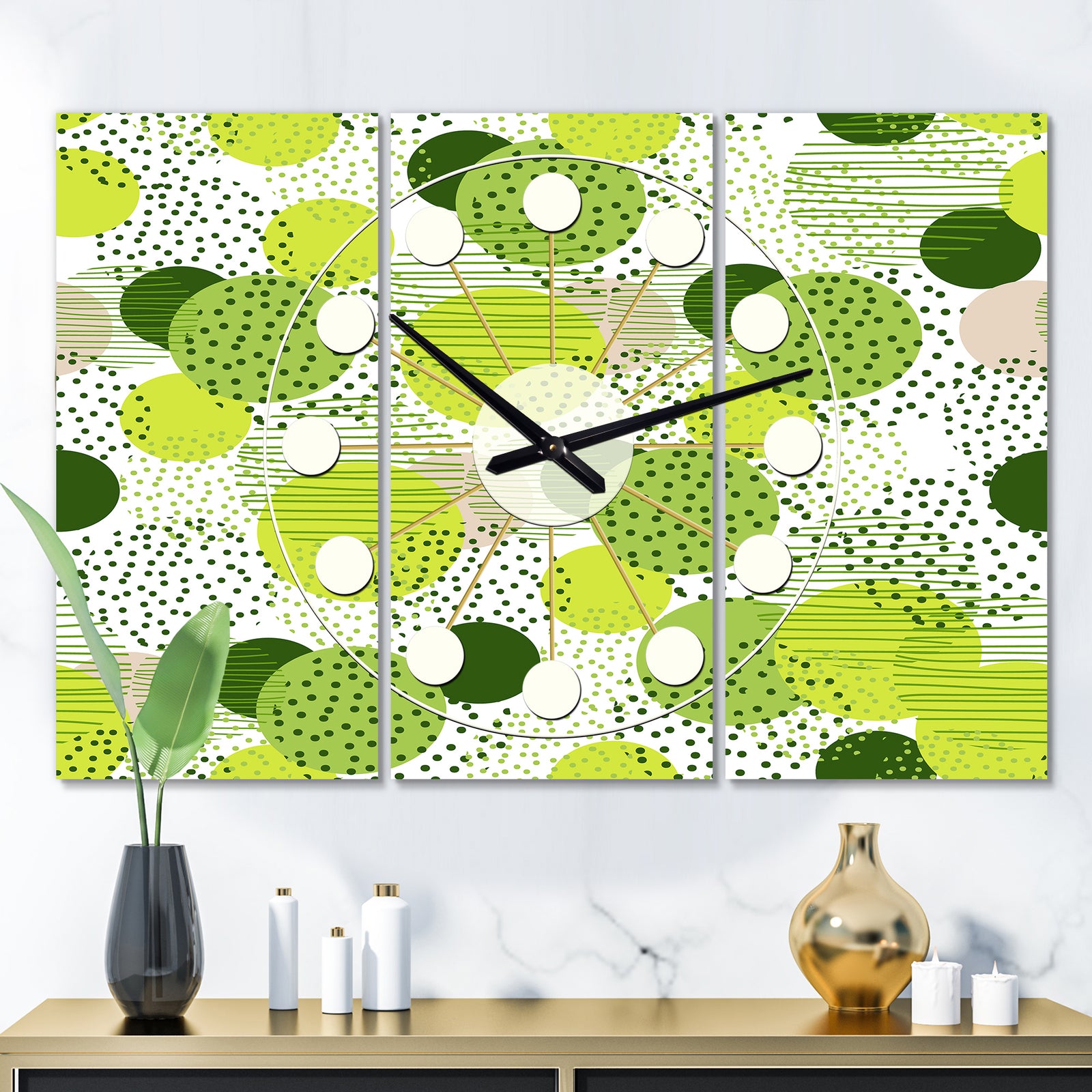 Circular Abstract Retro Geometric X - Oversized Mid-Century wall clock - 3 Panels
