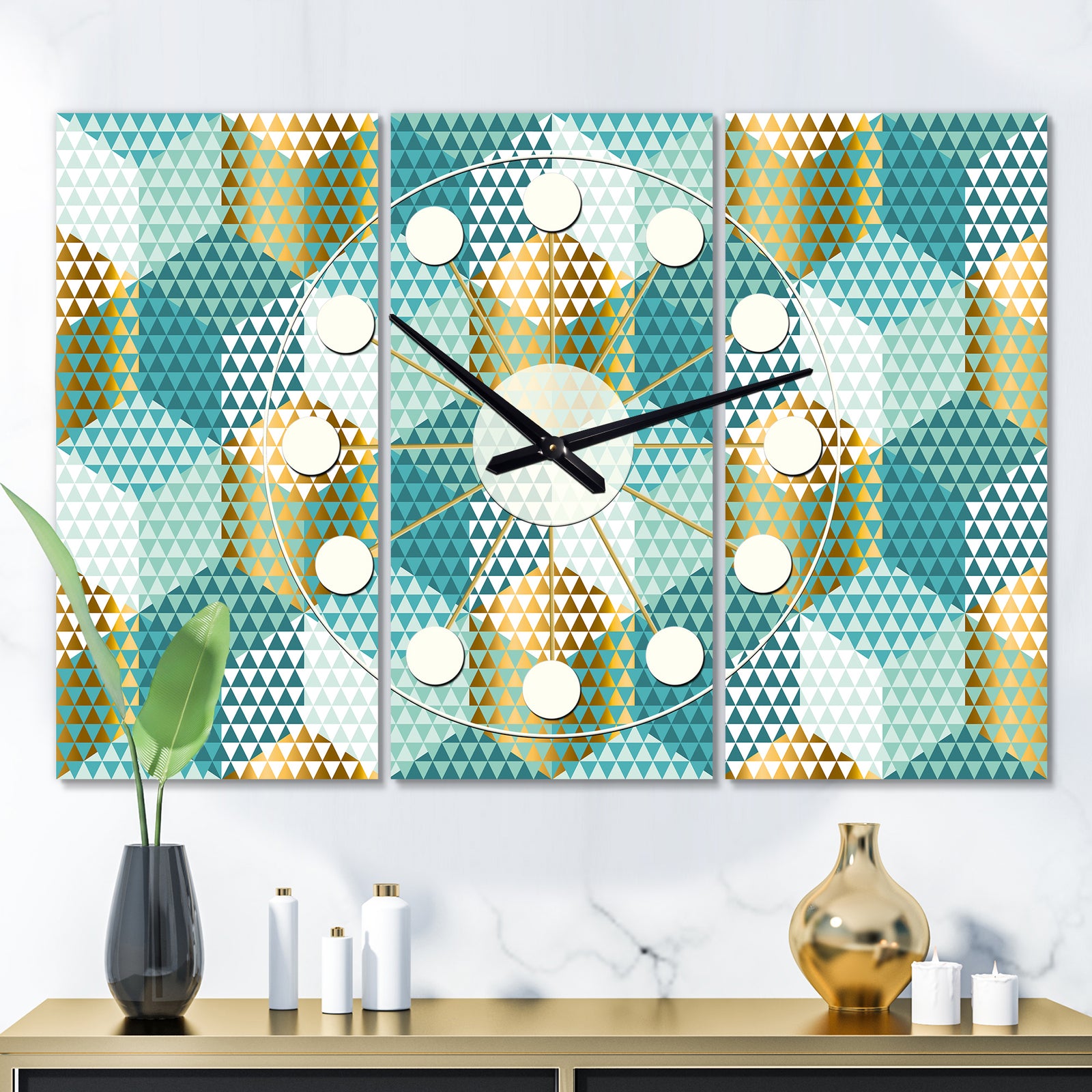 Retro Hexagon Pattern IV - Oversized Mid-Century wall clock - 3 Panels
