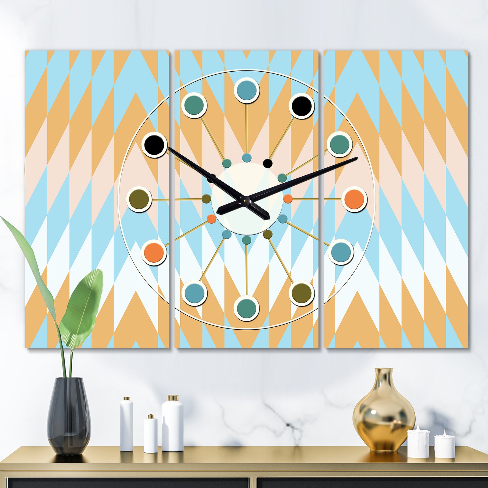 Retro Abstract Design VI - Oversized Mid-Century wall clock - 3 Panels