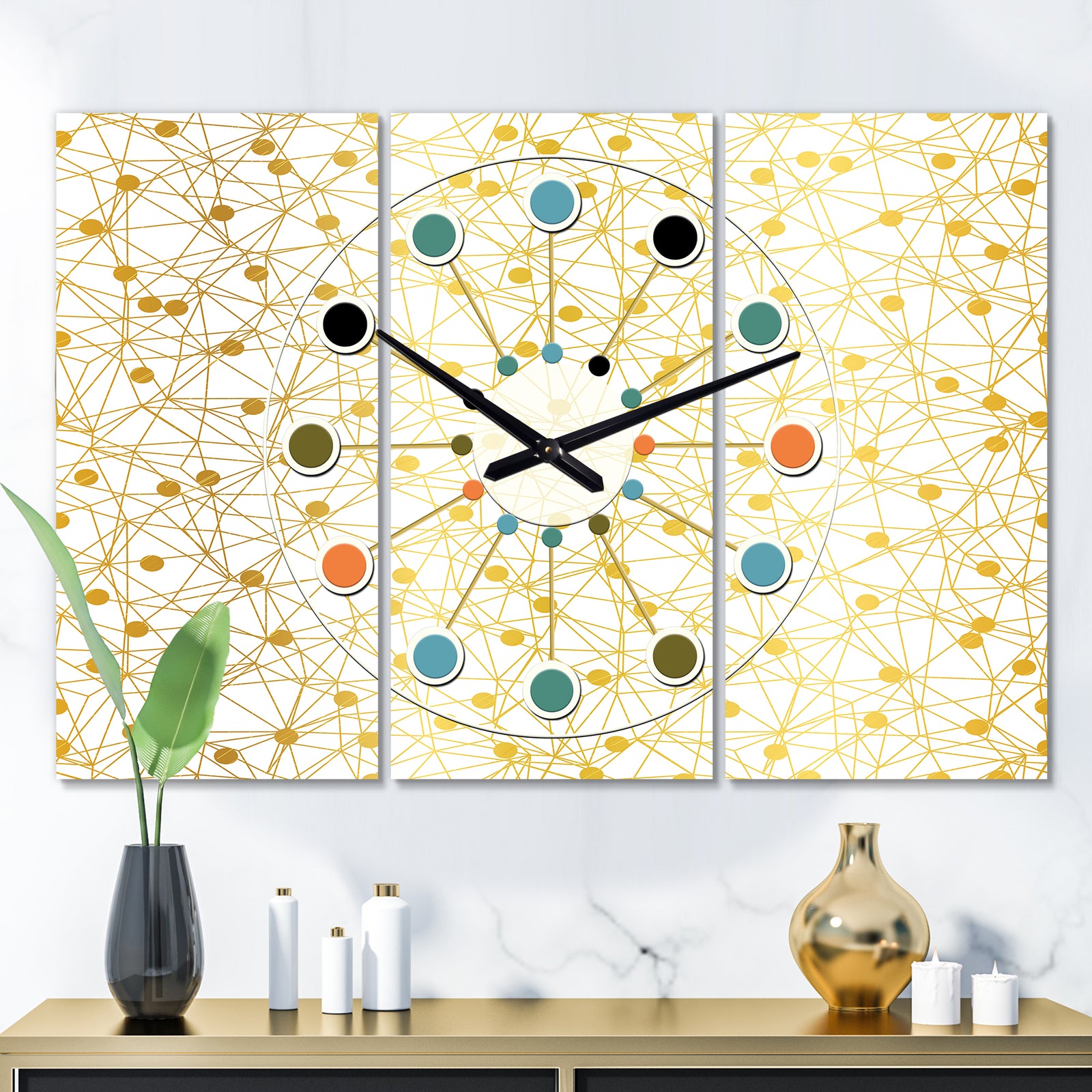 Golden Maze II - Oversized Mid-Century wall clock - 3 Panels
