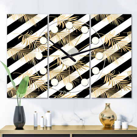 Golden Foliage VII - Oversized Mid-Century wall clock - 3 Panels