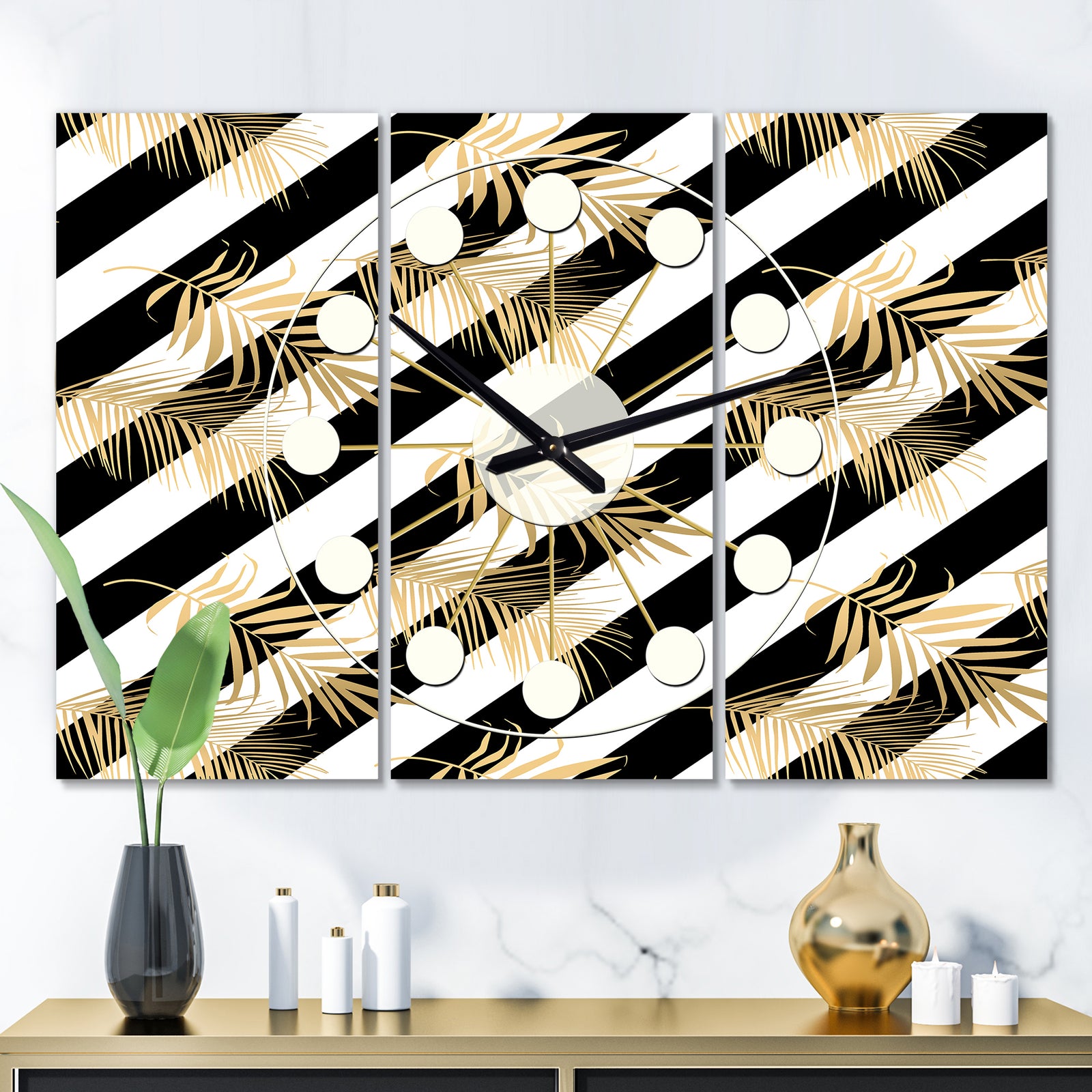 Golden Foliage VII - Oversized Mid-Century wall clock - 3 Panels