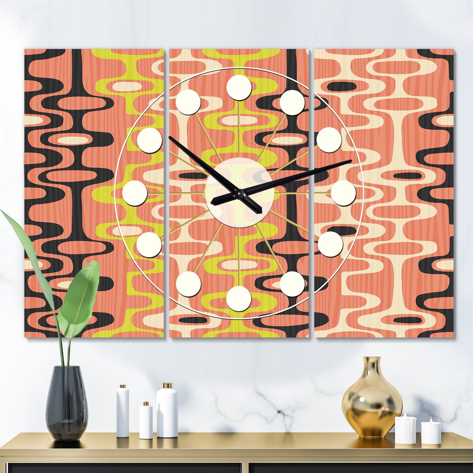 Retro Abstract Design XIII - Oversized Mid-Century wall clock - 3 Panels