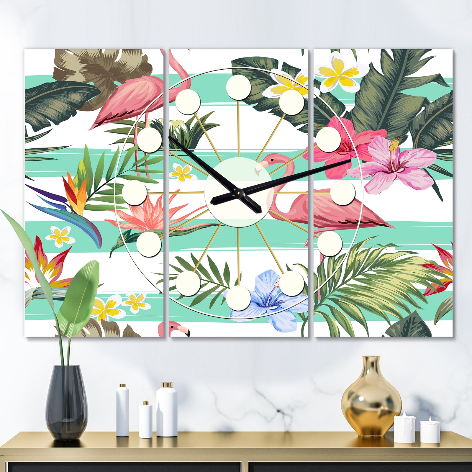Tropical Botanicals, Flowers and Flamingo - Oversized Mid-Century wall clock - 3 Panels