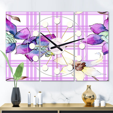 Floral Botanical Retro VII - Oversized Mid-Century wall clock - 3 Panels