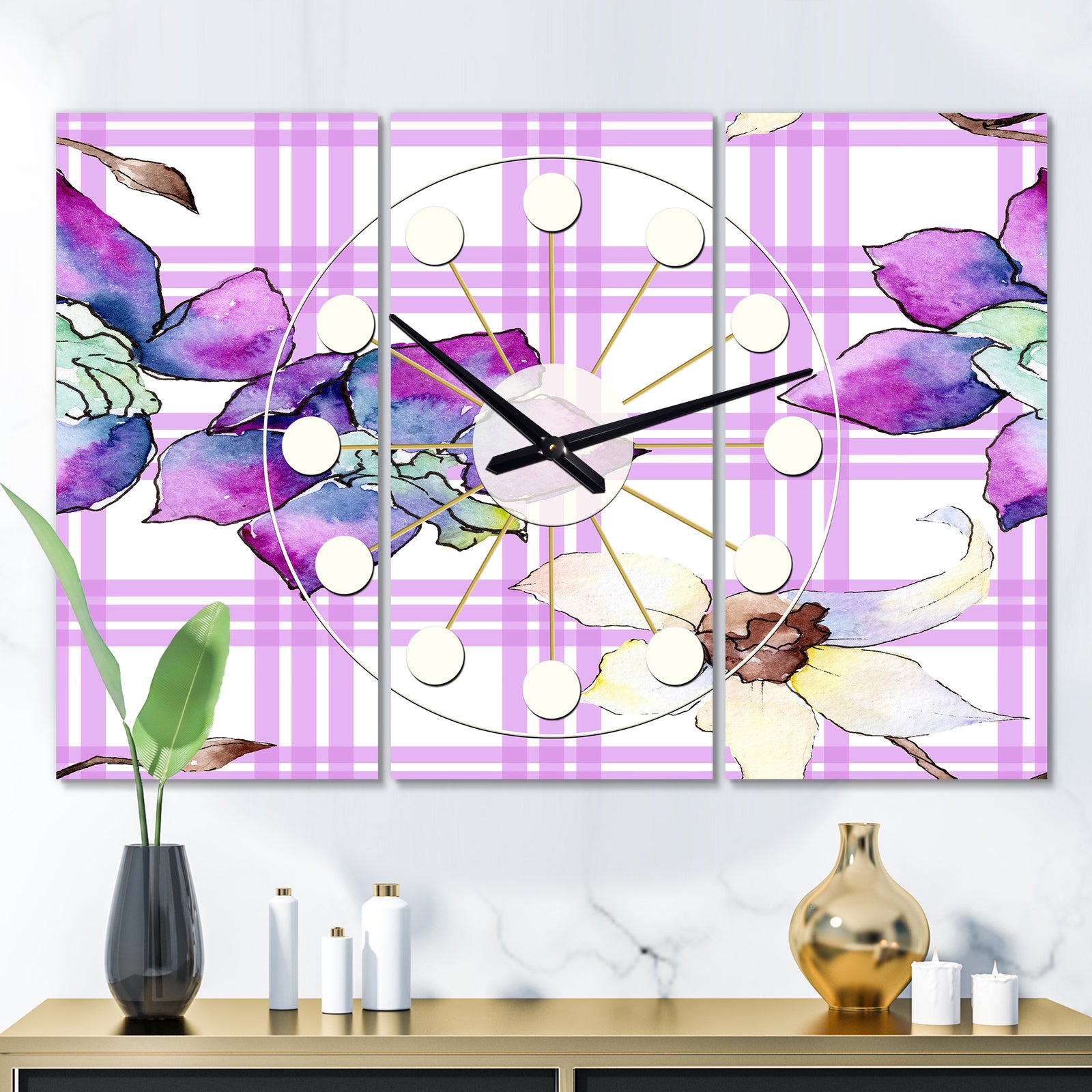 Floral Botanical Retro VII - Oversized Mid-Century wall clock - 3 Panels