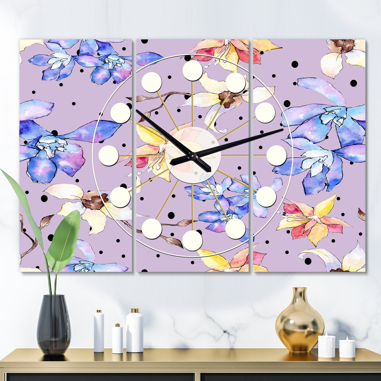 Floral Botanical Retro V - Oversized Mid-Century wall clock - 3 Panels