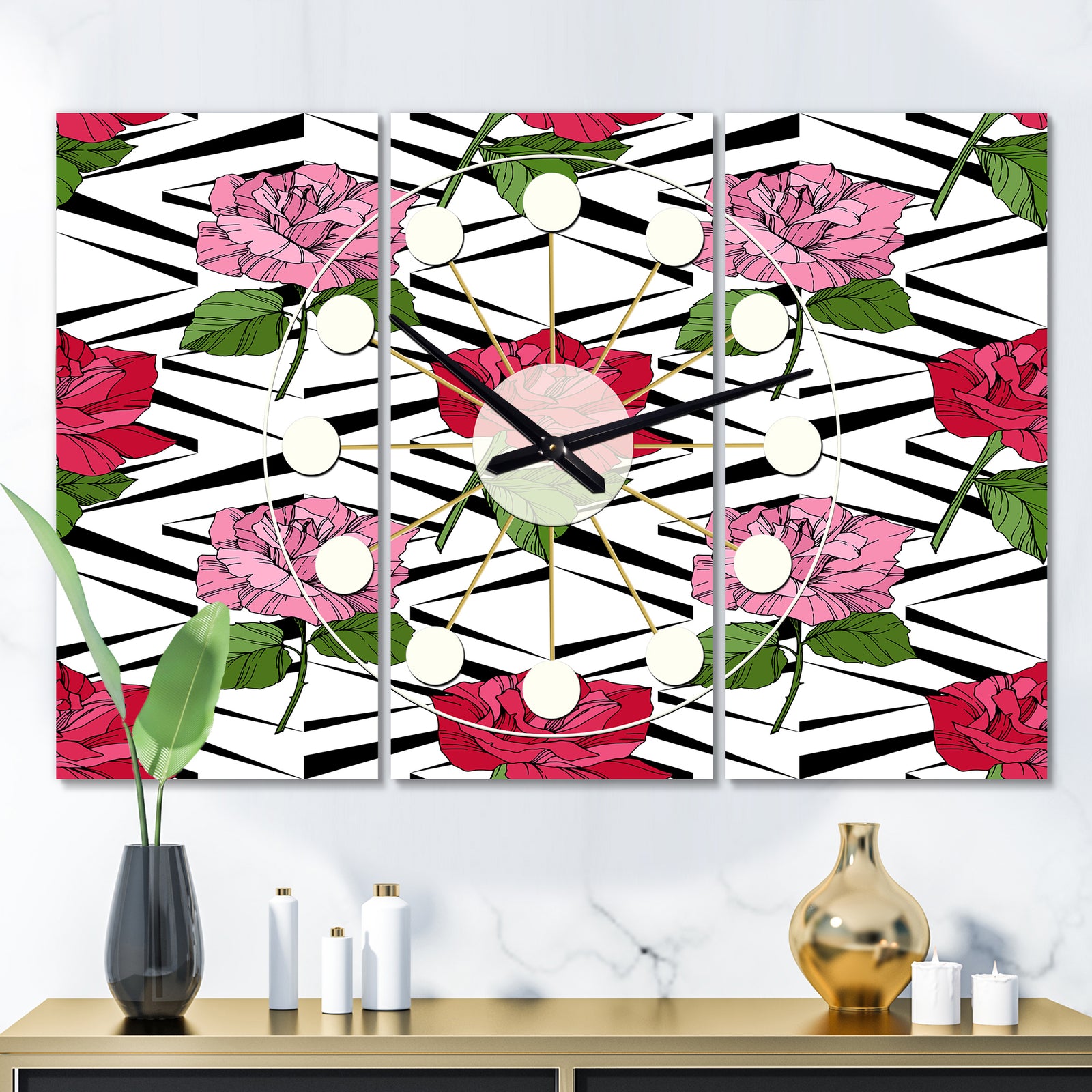 Retro Pink and Red Roses - Oversized Mid-Century wall clock - 3 Panels