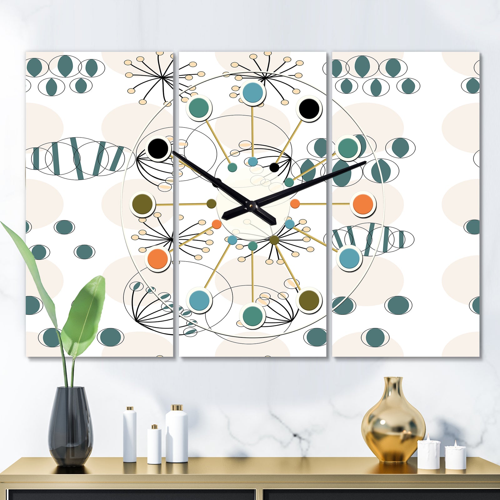 Modern abstract geometric pattern - Oversized Mid-Century wall clock - 3 Panels