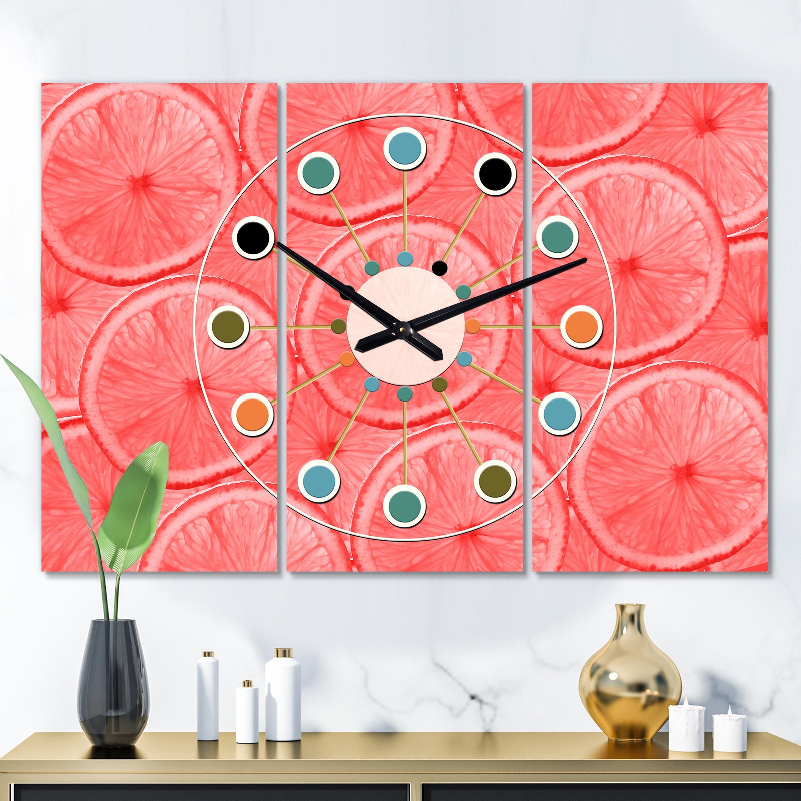 Coral Grapefruit Slices - Oversized Mid-Century wall clock - 3 Panels