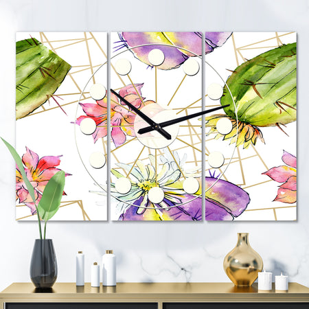 Green Cactus Pattern - Oversized Mid-Century wall clock - 3 Panels