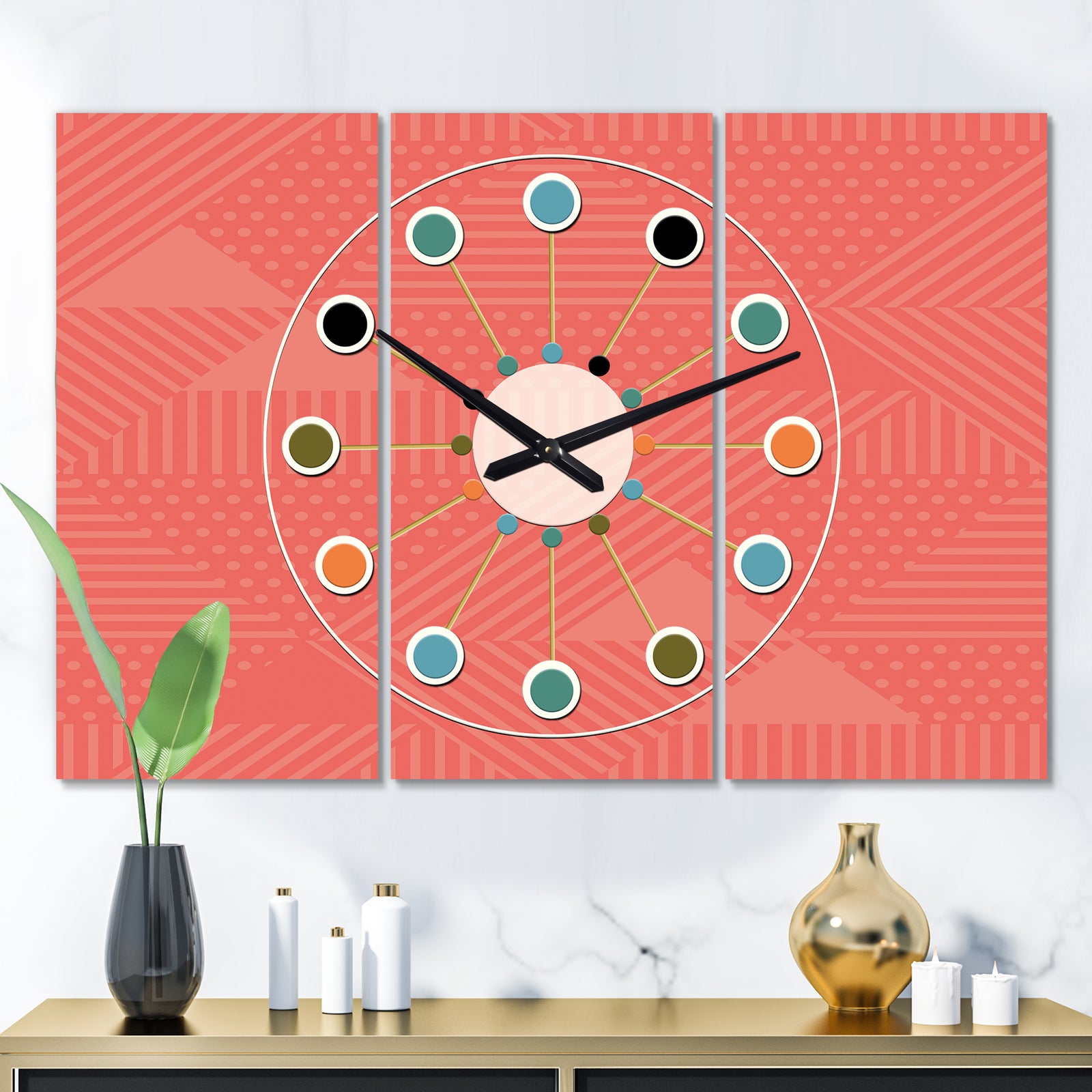 Triangual Retro Coral Pattern - Oversized Mid-Century wall clock - 3 Panels