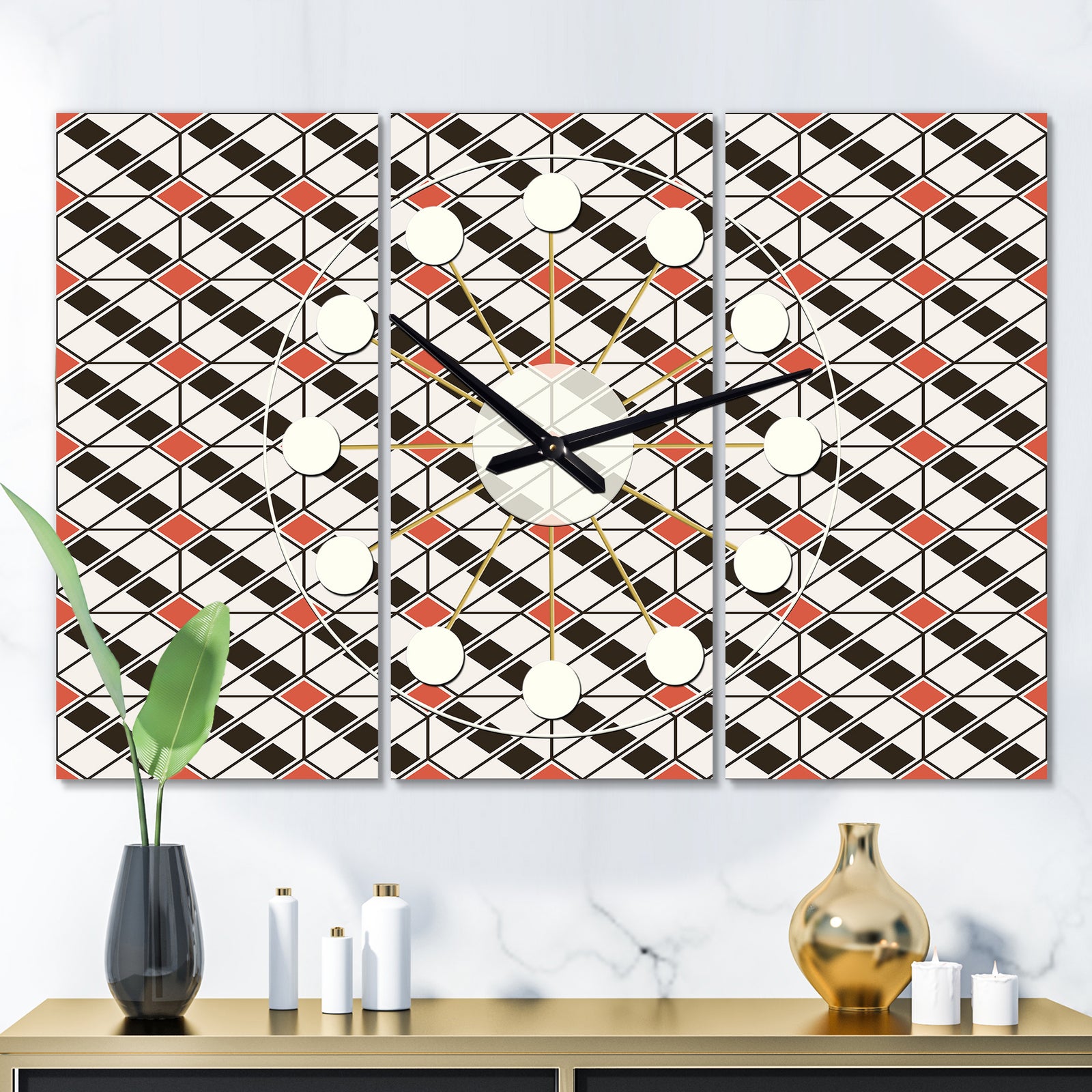 Abstract Design Retro Pattern IV - Oversized Mid-Century wall clock - 3 Panels
