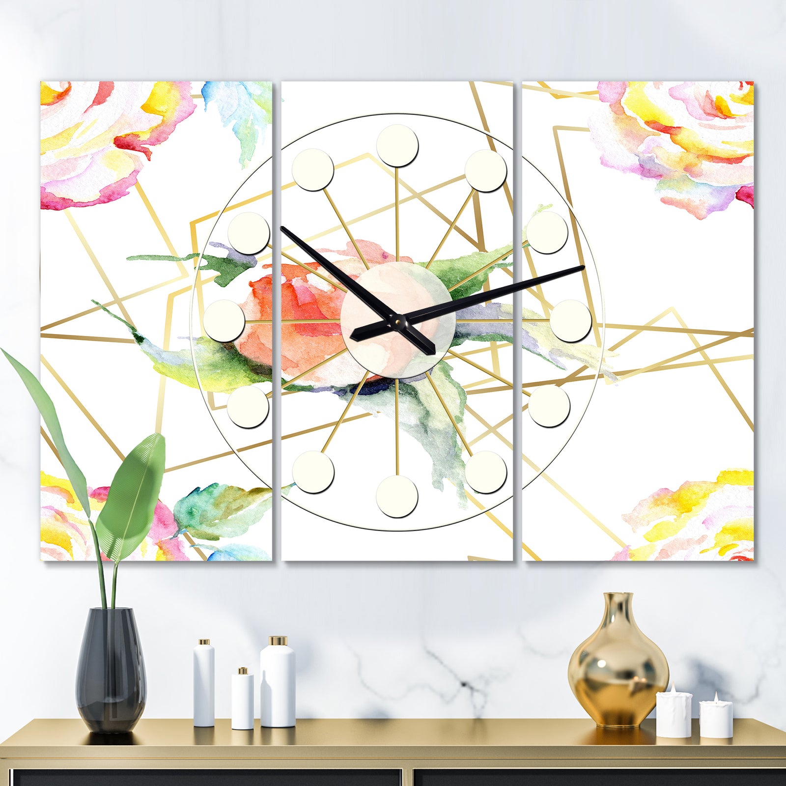 Orange Rose Flower Retro Pattern - Oversized Mid-Century wall clock - 3 Panels