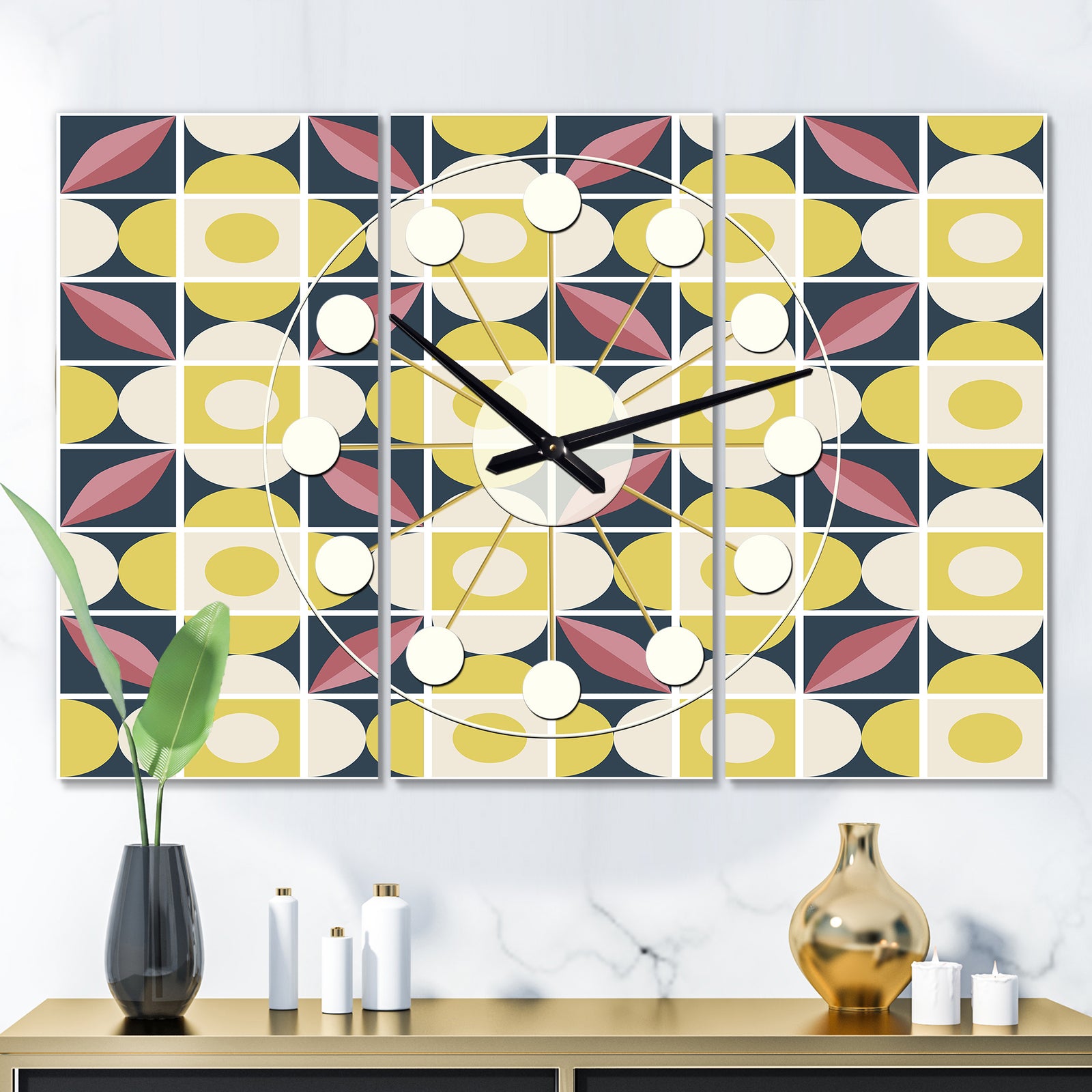 retro pattern in mosaic style - Oversized Mid-Century wall clock - 3 Panels
