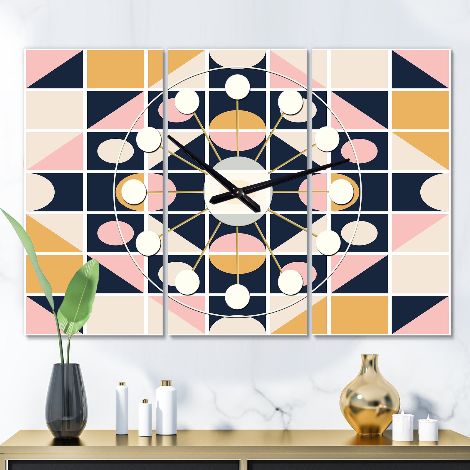Geometrical Retro Design I - Oversized Mid-Century wall clock - 3 Panels