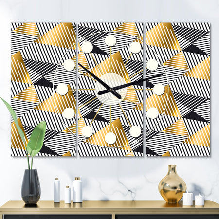 Retro Luxury Waves In Gold and Blue VI - Oversized Mid-Century wall clock - 3 Panels