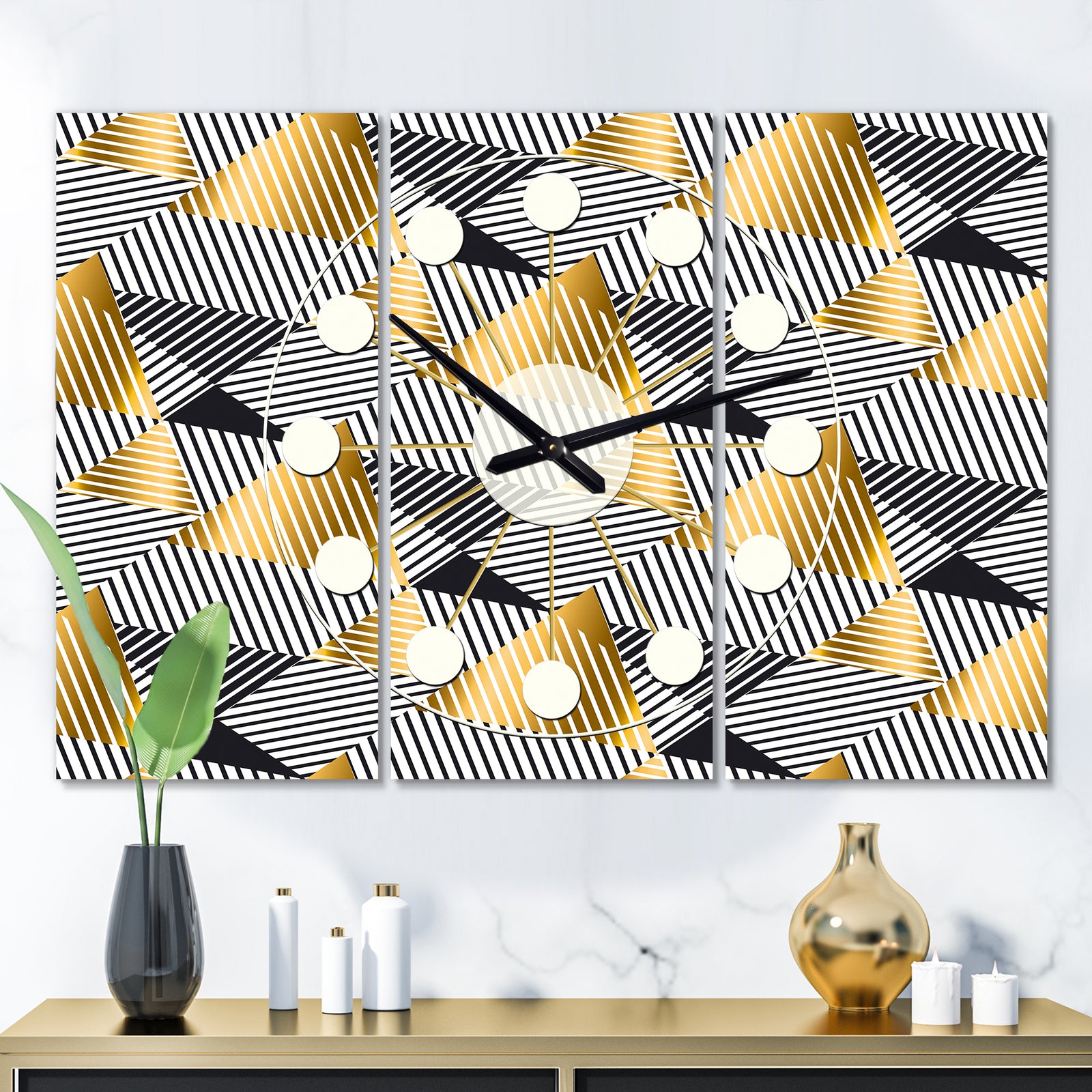 Retro Luxury Waves In Gold and Blue VI - Oversized Mid-Century wall clock - 3 Panels