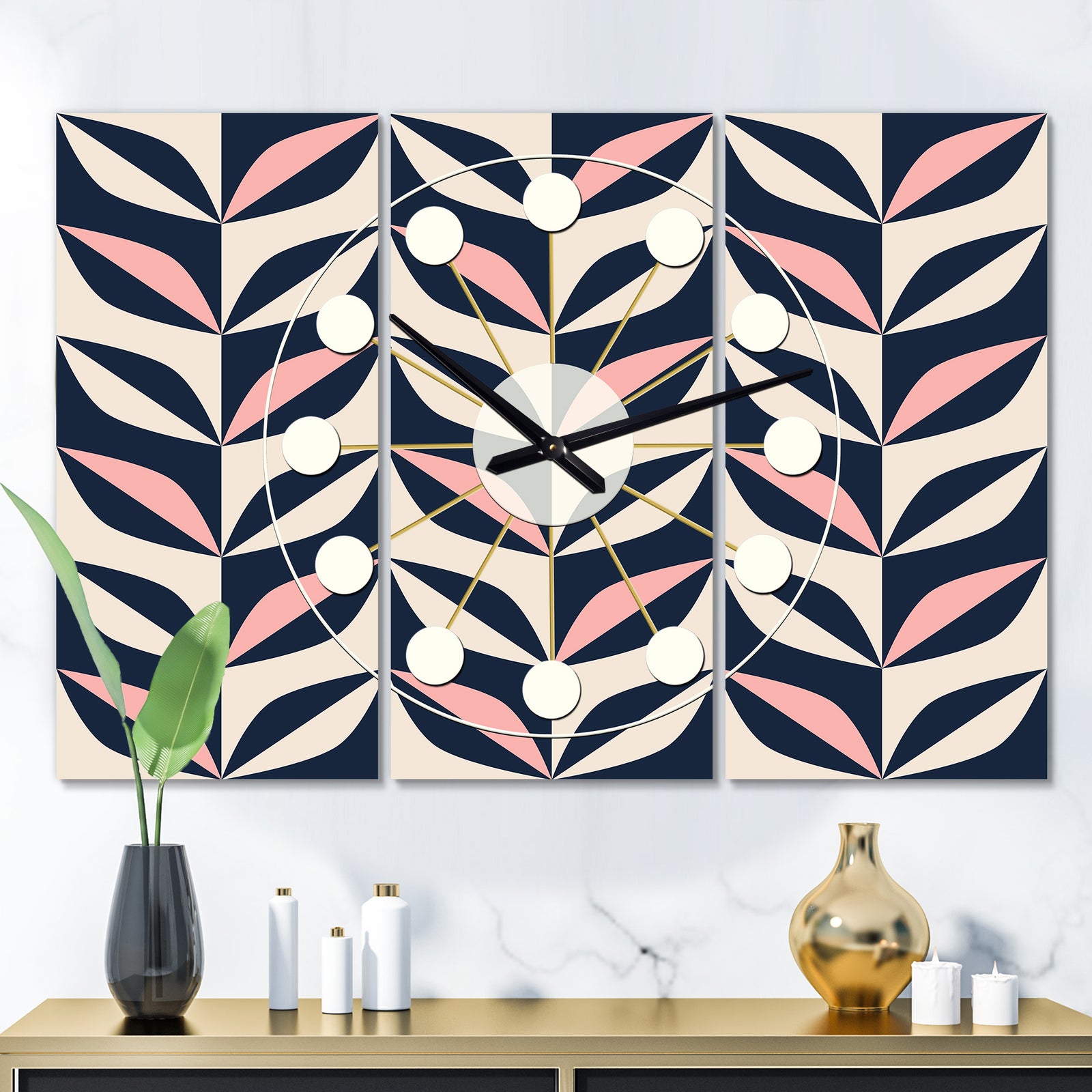 Floral Retro Botanical Pattern III - Oversized Mid-Century wall clock - 3 Panels